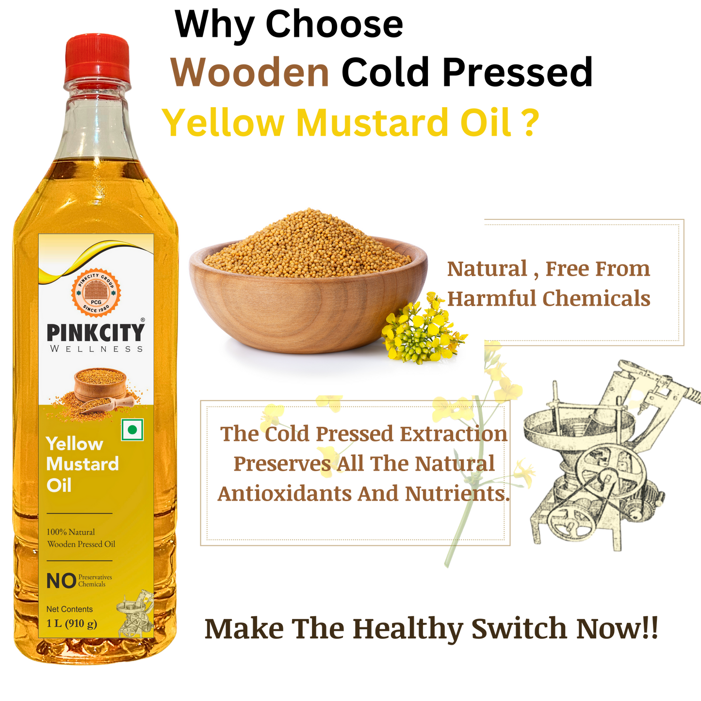 Pinkcity Wellness Wooden Cold Pressed Yellow Mustard Oil 2 Litre