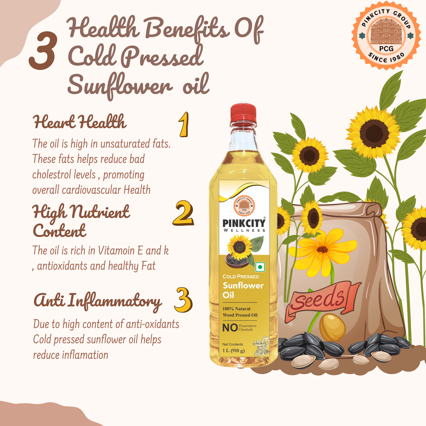 Pinkcity Wellness Cold Pressed Sunflower Oil 1 Litre Bottle