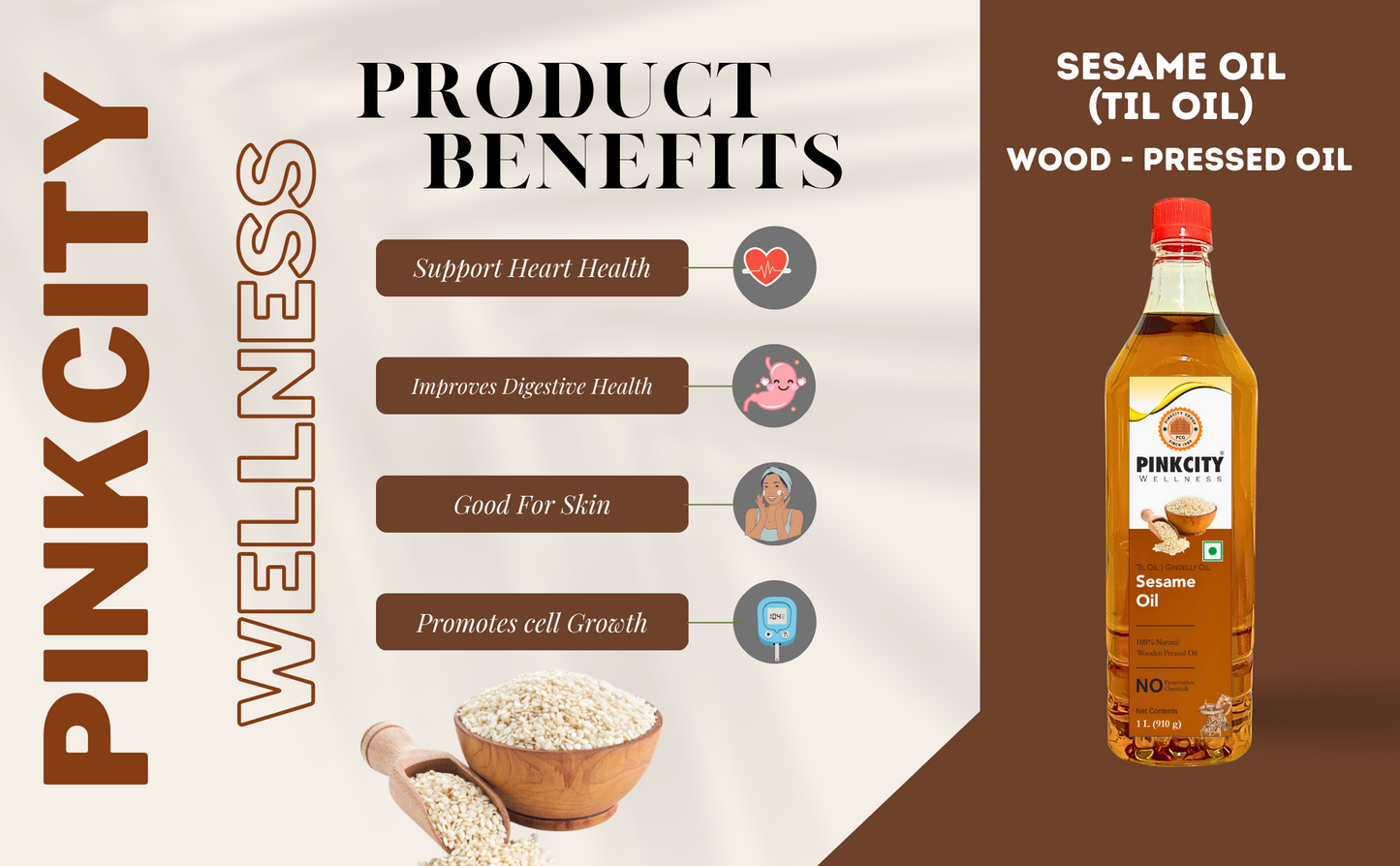 Pinkcity Wellness Wooden Cold Pressed Sesame Oil 2 Litre | Gingelly Oil | Til Oil