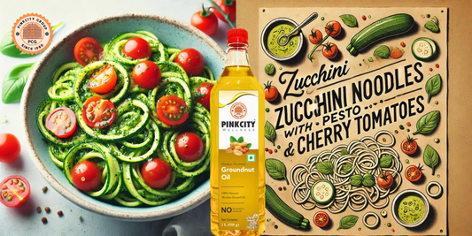 zucchini noodles, pesto, cherry tomatoes, healthy recipe, low-carb meal