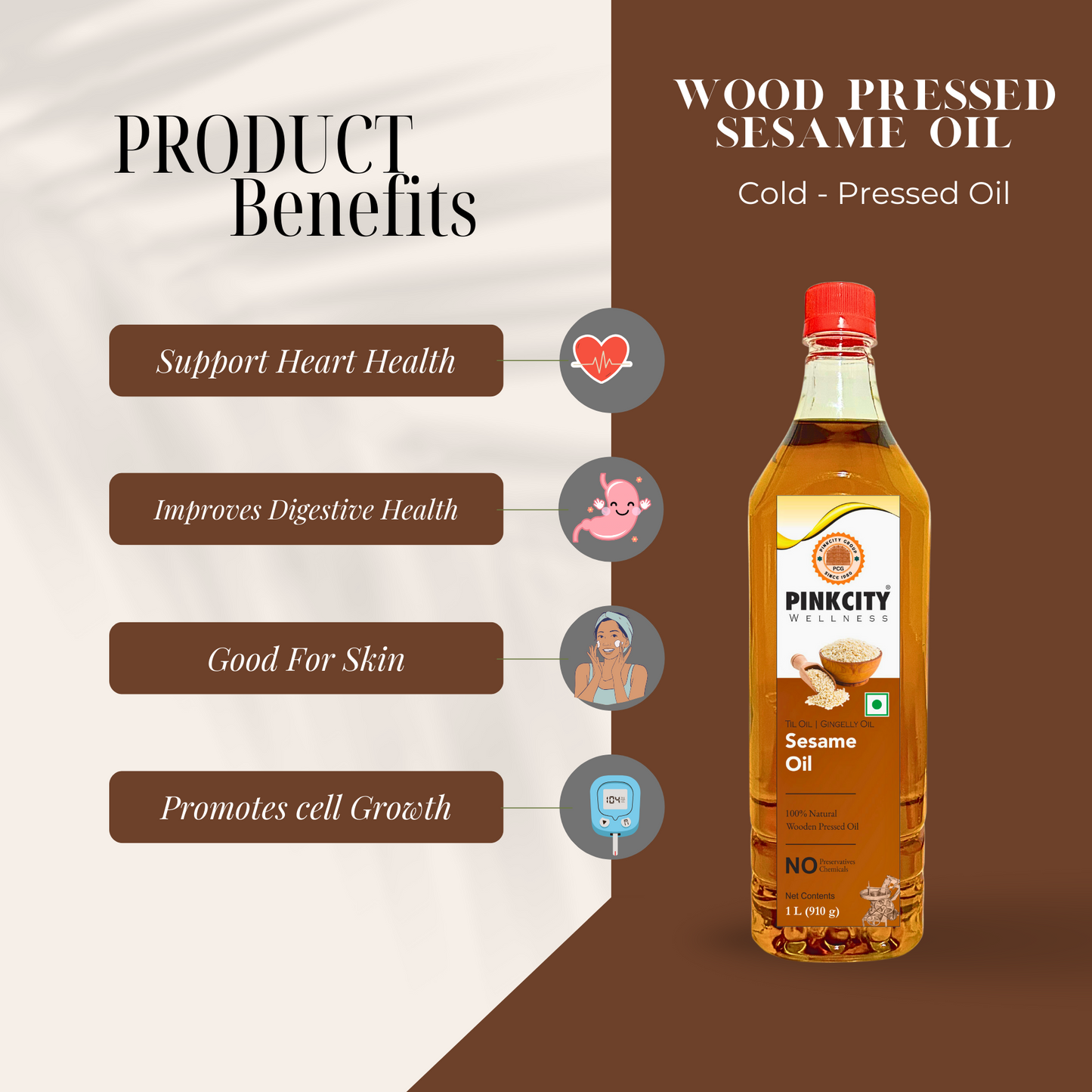 Pinkcity Wellness Wooden Cold Pressed Sesame Oil 15 Litres | Gingelly Oil | Til Oil