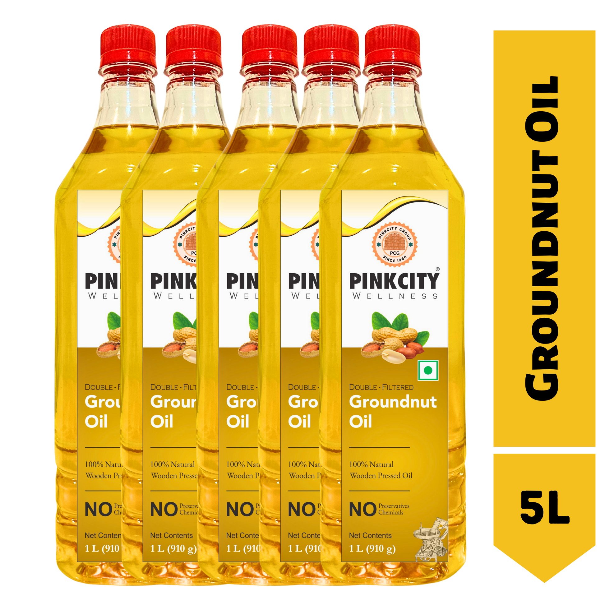 Pinkcity Wellness Wooden Cold Pressed Groundnut Oil | 5 Litre | 1 Litre x 5 | Peanut Oil