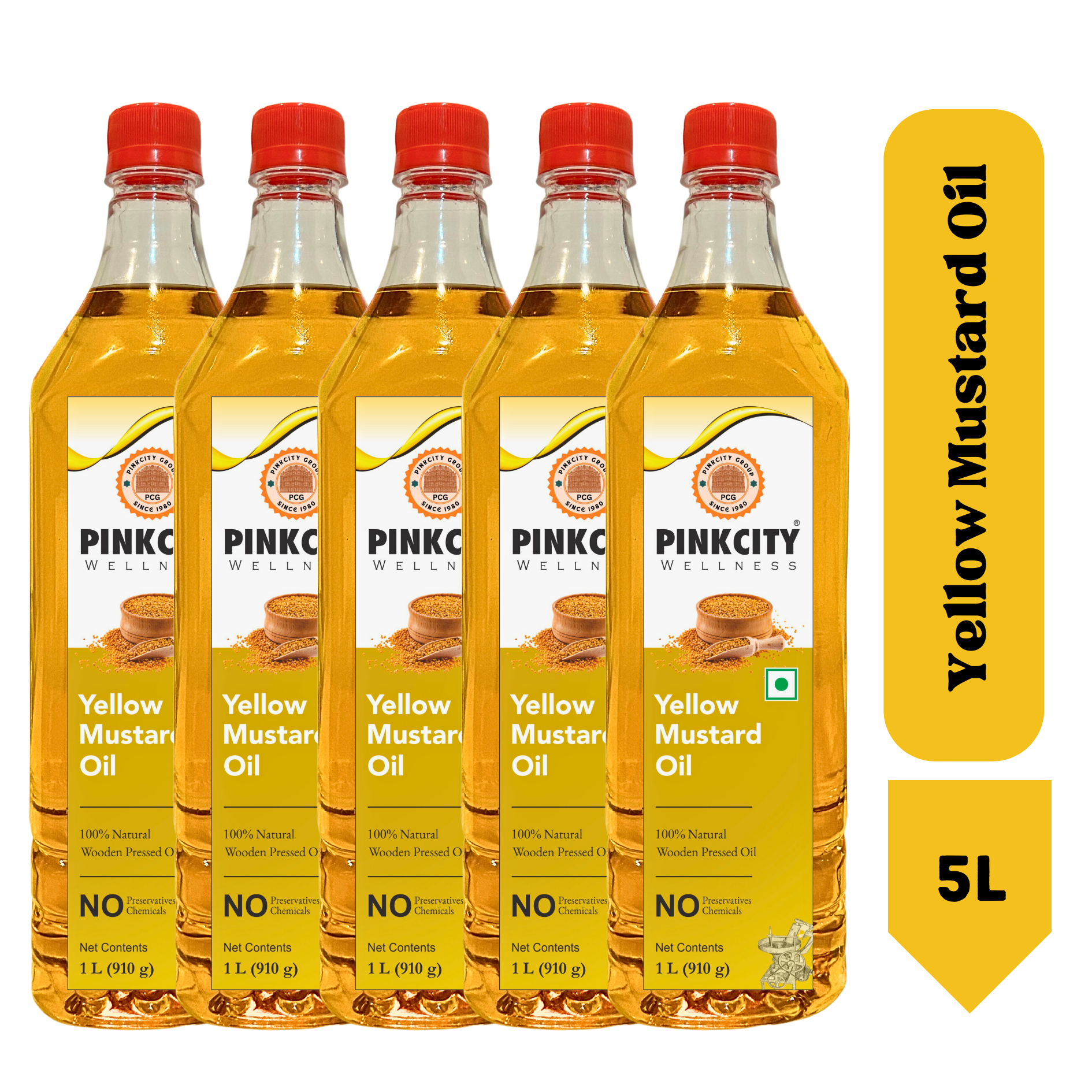 Pinkcity Wellness Wooden Cold Pressed Yellow Mustard Oil 5 Litre | 1 Litre x 5