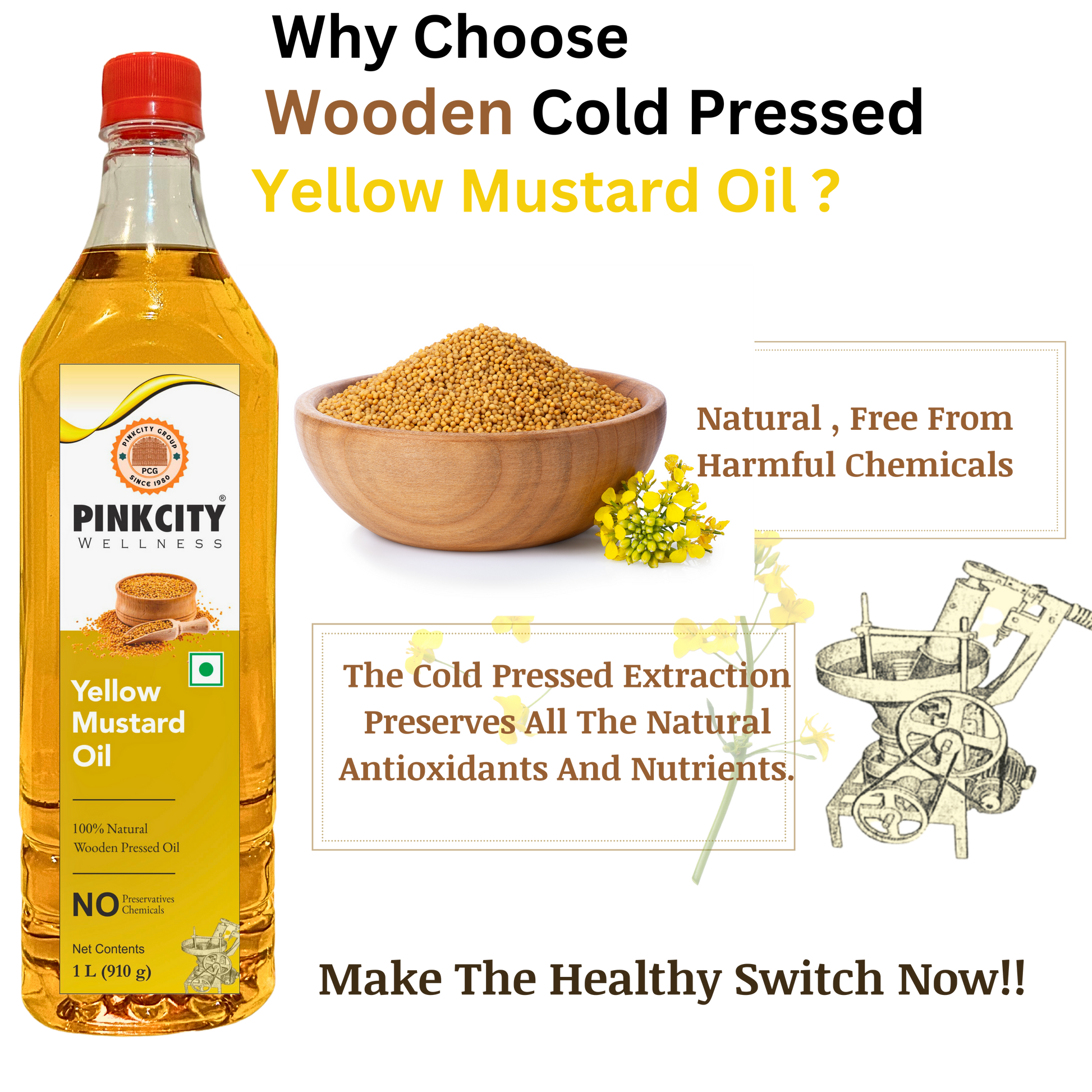 Pinkcity Wellness Wooden Cold Pressed Yellow Mustard Oil 5 Litre | 1 Litre x 5